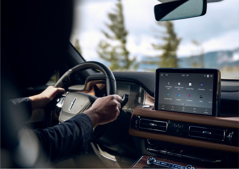 The Lincoln+Alexa app screen is displayed in the center screen of a 2023 Lincoln Aviator® Grand Touring SUV | Irwin Lincoln Laconia in Laconia NH