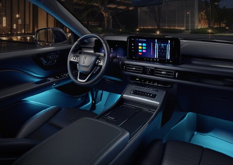 Deep blue Ambient Lighting glows from various places within a 2026 Lincoln Aviator® SUV. | Irwin Lincoln Laconia in Laconia NH